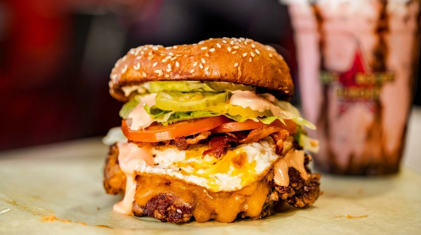 A loaded burger with a fried egg, bacon, cheese, lettuce, tomato, and pickles, with a milkshake in the background.