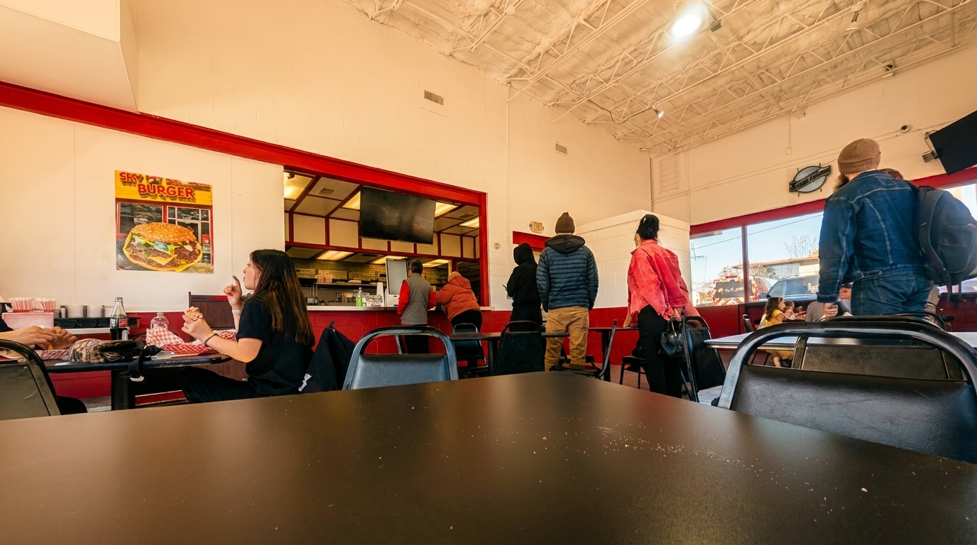 Diners eating and ordering at a casual burger joint with red accents and a large burger poster.