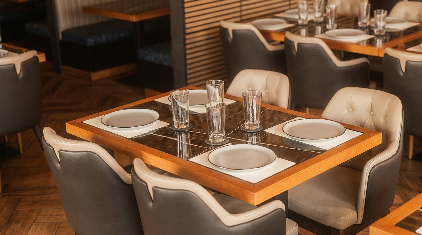 A set table with plates and glasses in a modern restaurant dining room with upholstered chairs.
