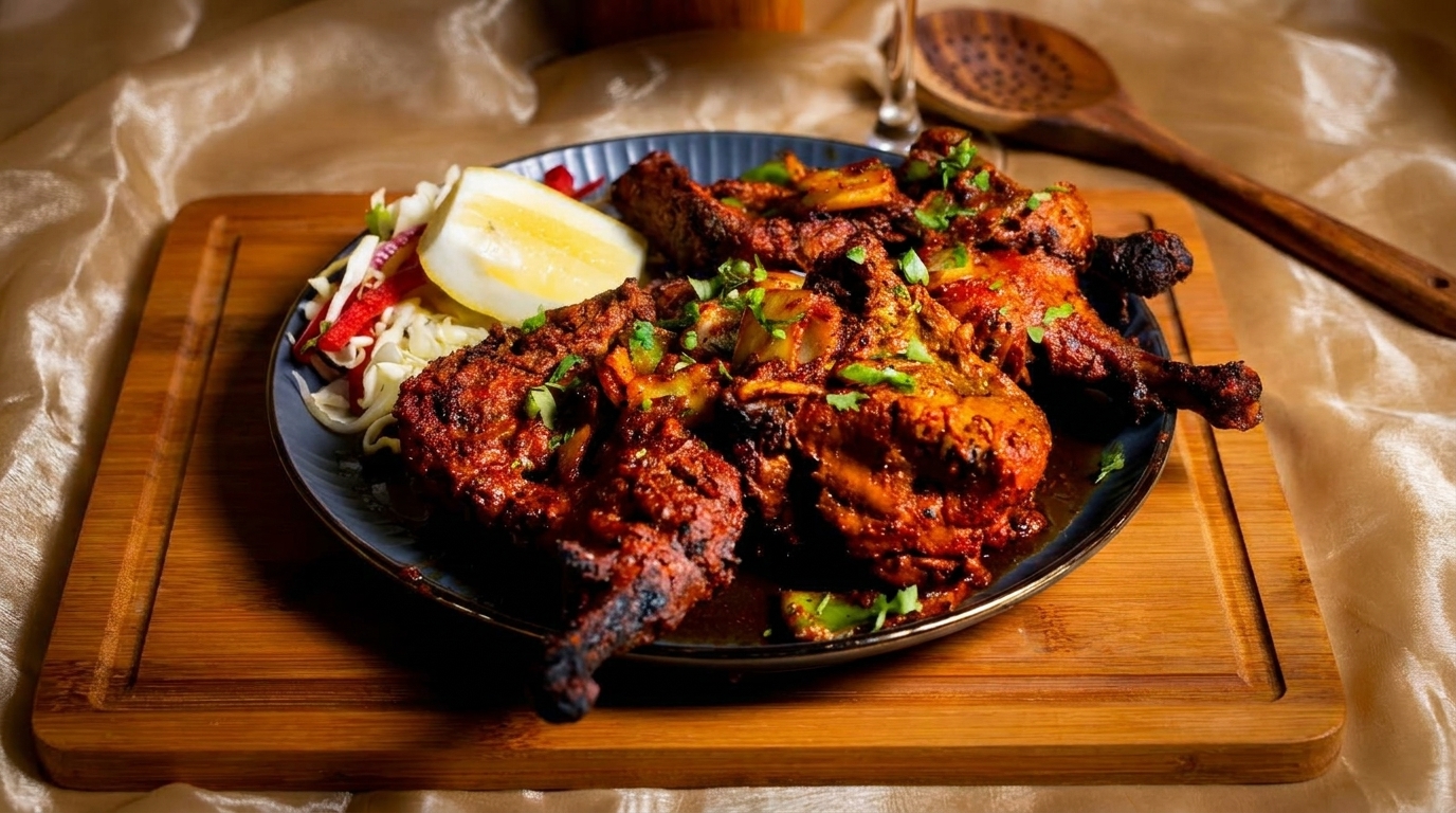 Spicy tandoori chicken with lemon and cabbage salad on a dark plate and wooden board.