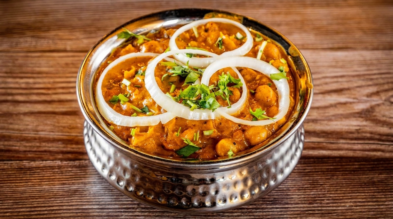 Chana Masala, a chickpea curry, in a hammered metal bowl, garnished with onion rings and cilantro.