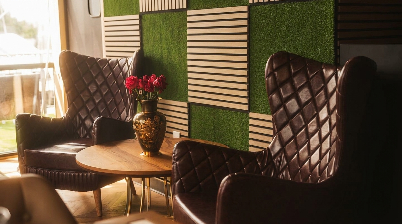 Two brown leather armchairs flank a small wooden table with a vase of red roses.