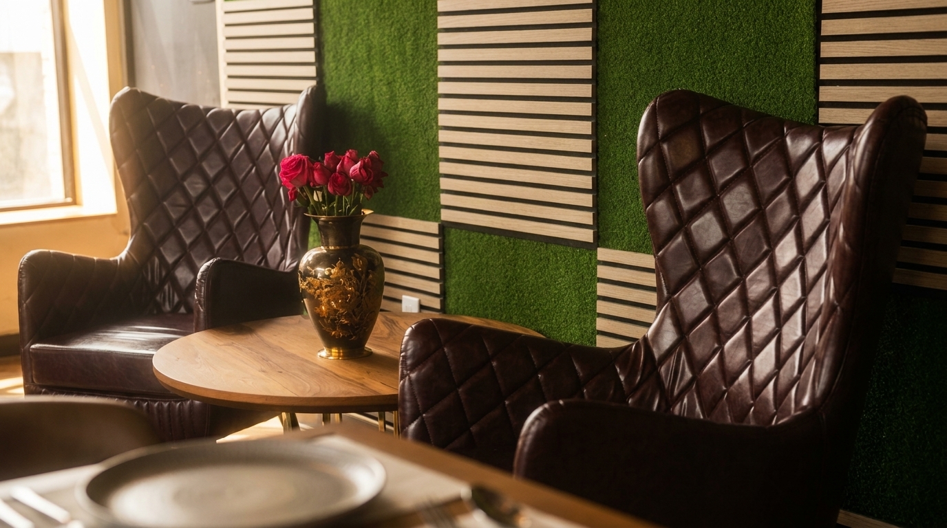 Two brown leather armchairs flank a wooden table with a vase of red roses.