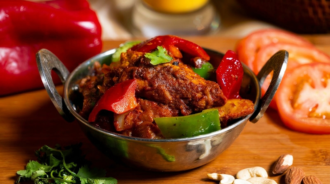 Indian curry with chicken, red and green bell peppers, and cilantro in a metal bowl.