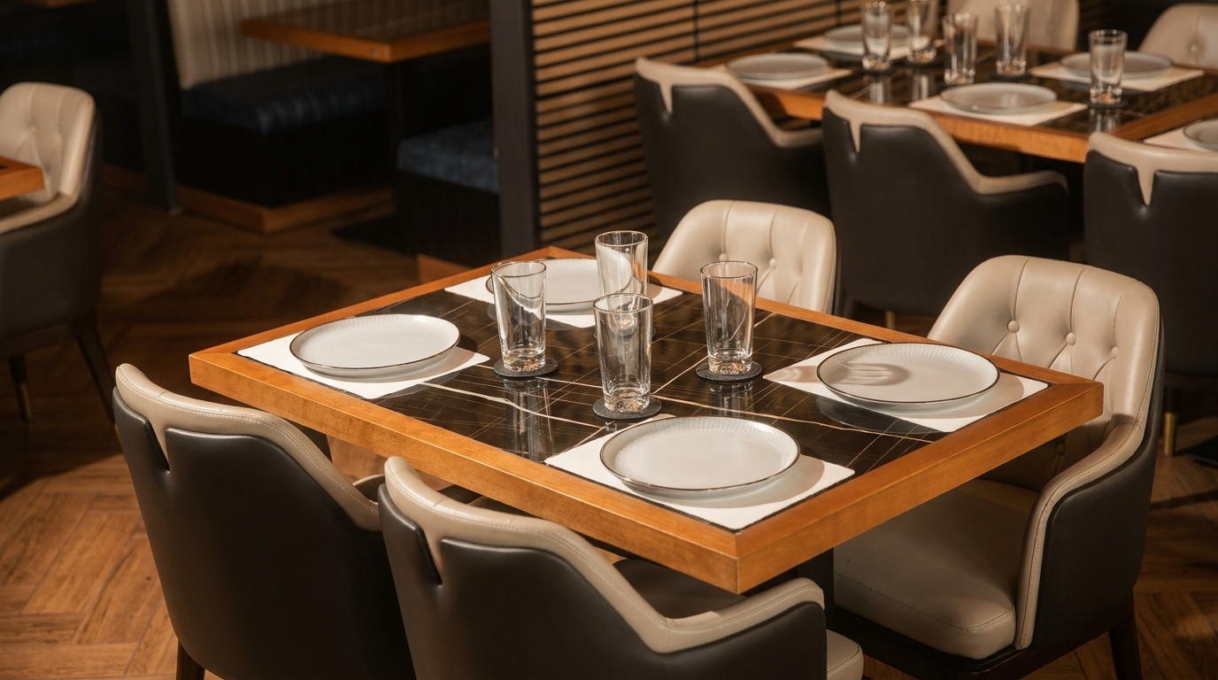 A set dining table with plates and glasses, surrounded by modern chairs in a restaurant.