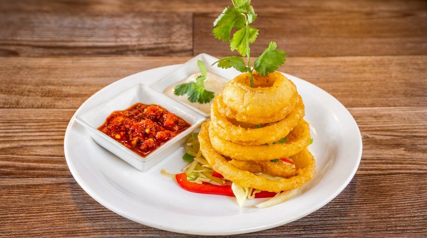 Golden onion rings stacked on a white plate with two dipping sauces and garnish on a wooden table.
