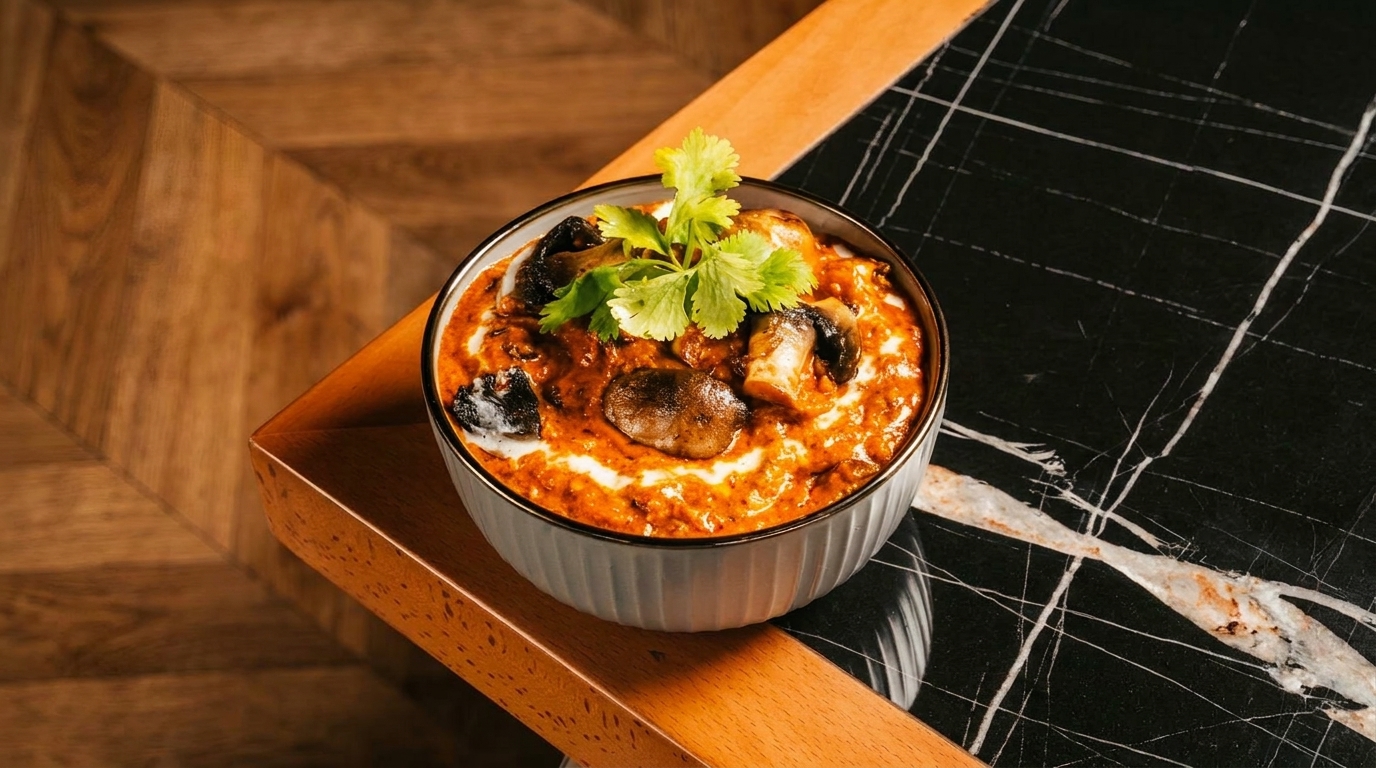 A bowl of creamy mushroom curry with cilantro garnish on a black and wood table.