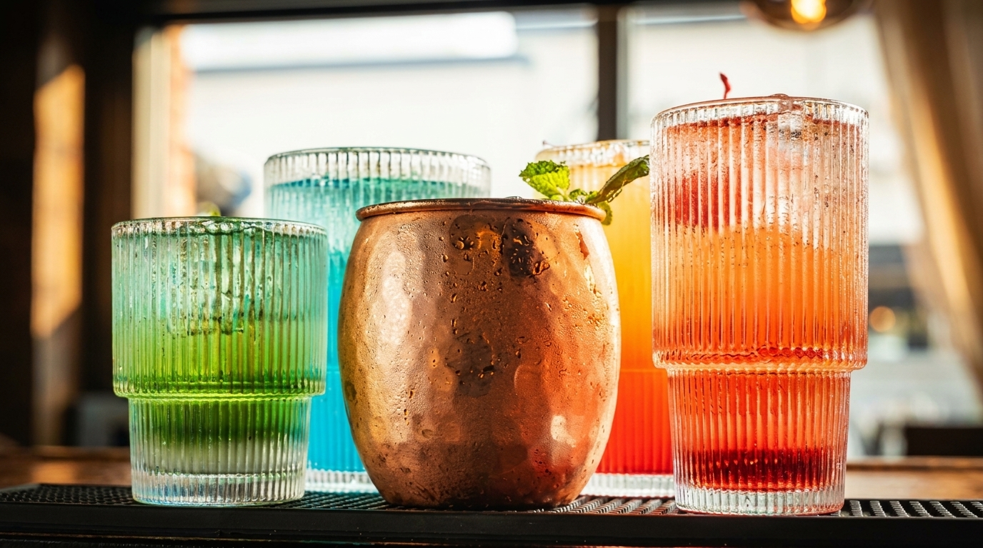 Colorful cocktails in various glasses, including a copper mug, on a bar counter.