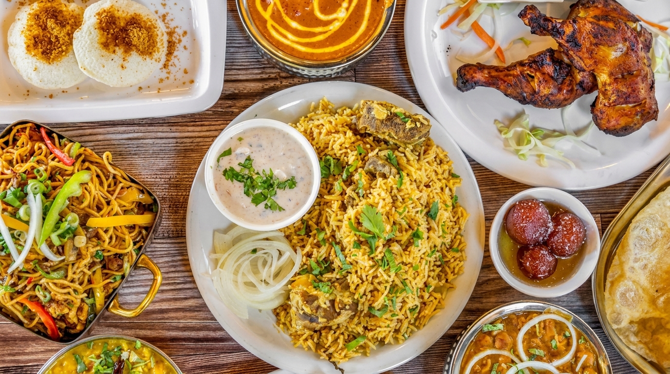 An overhead shot of various Indian dishes, including biryani, noodles, grilled chicken, and gulab jamun.