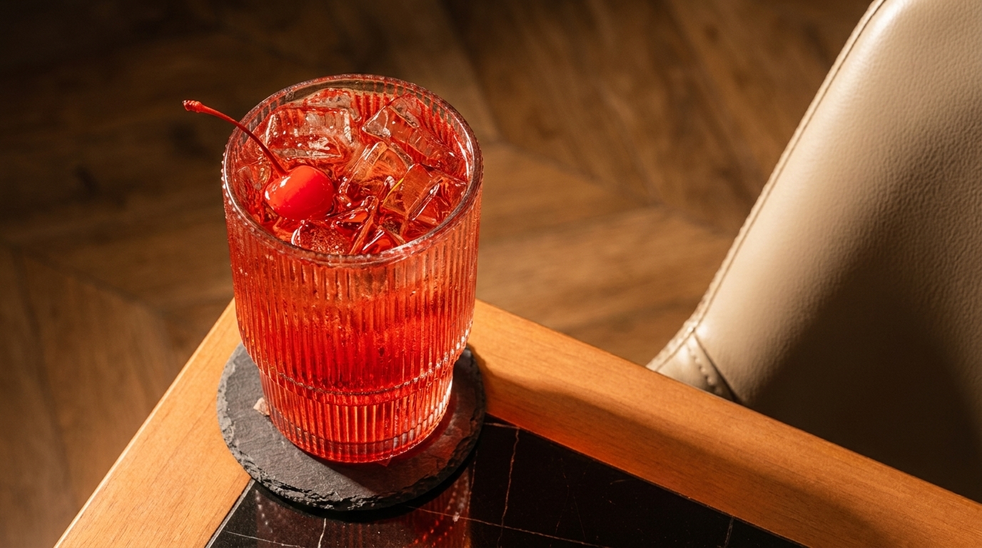 A vibrant red cocktail with ice and a cherry, on a dark coaster and wooden table.