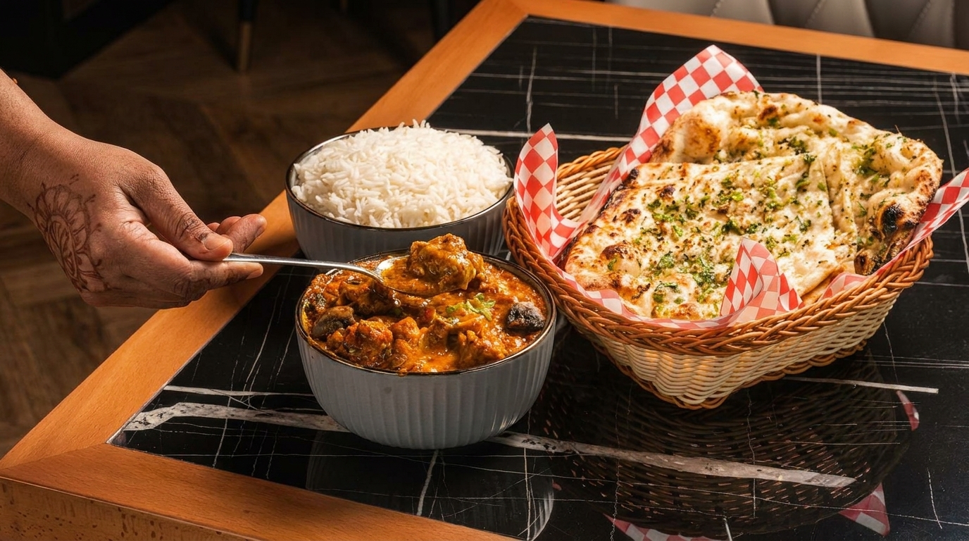 A hand with henna serving chicken curry with rice and naan bread on a black marble table.