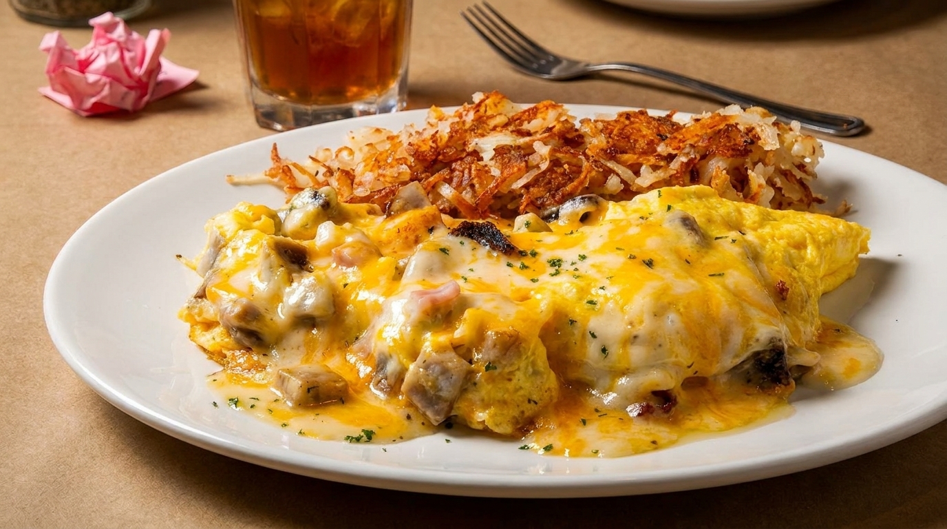 A cheesy omelet with mushrooms and ham, served with crispy hash browns and a drink.
