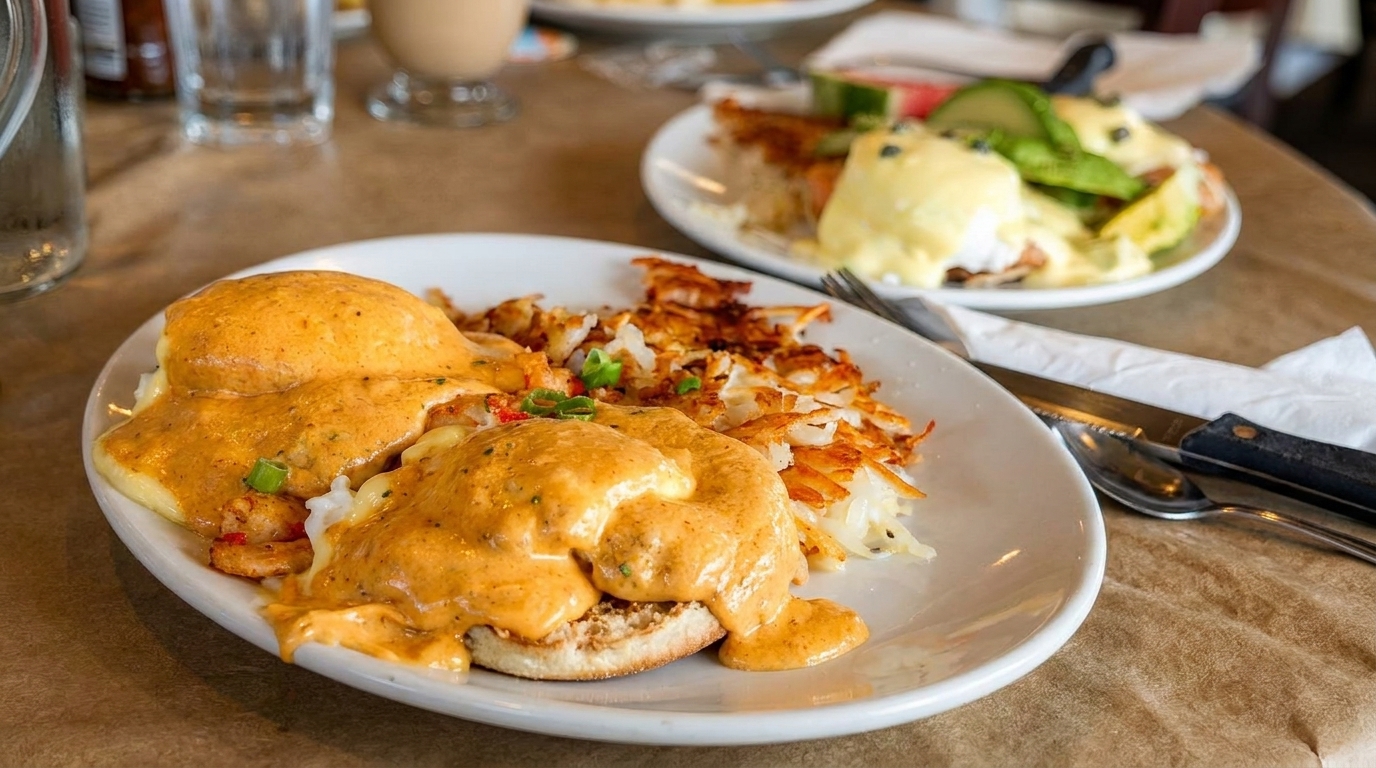 Two plates of Eggs Benedict, one with a spicy sauce and hash browns, the other with avocado.
