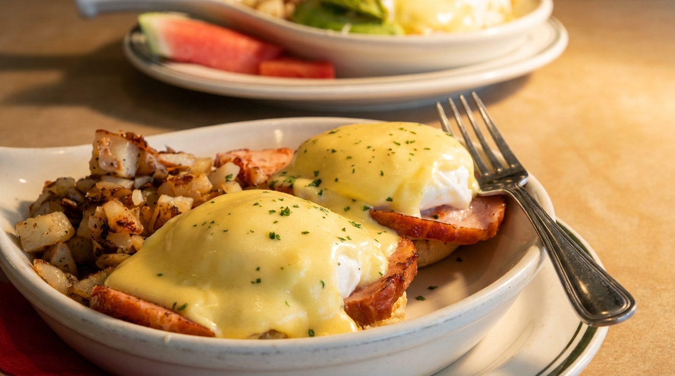 Eggs Benedict with hollandaise sauce, ham, and home fries, with a fork on a white plate.