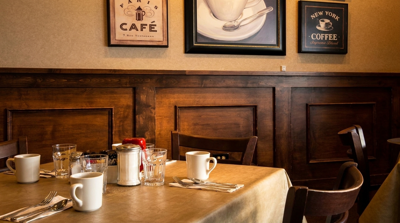 A cozy restaurant interior with set tables, dark wood paneling, and coffee-themed wall art.