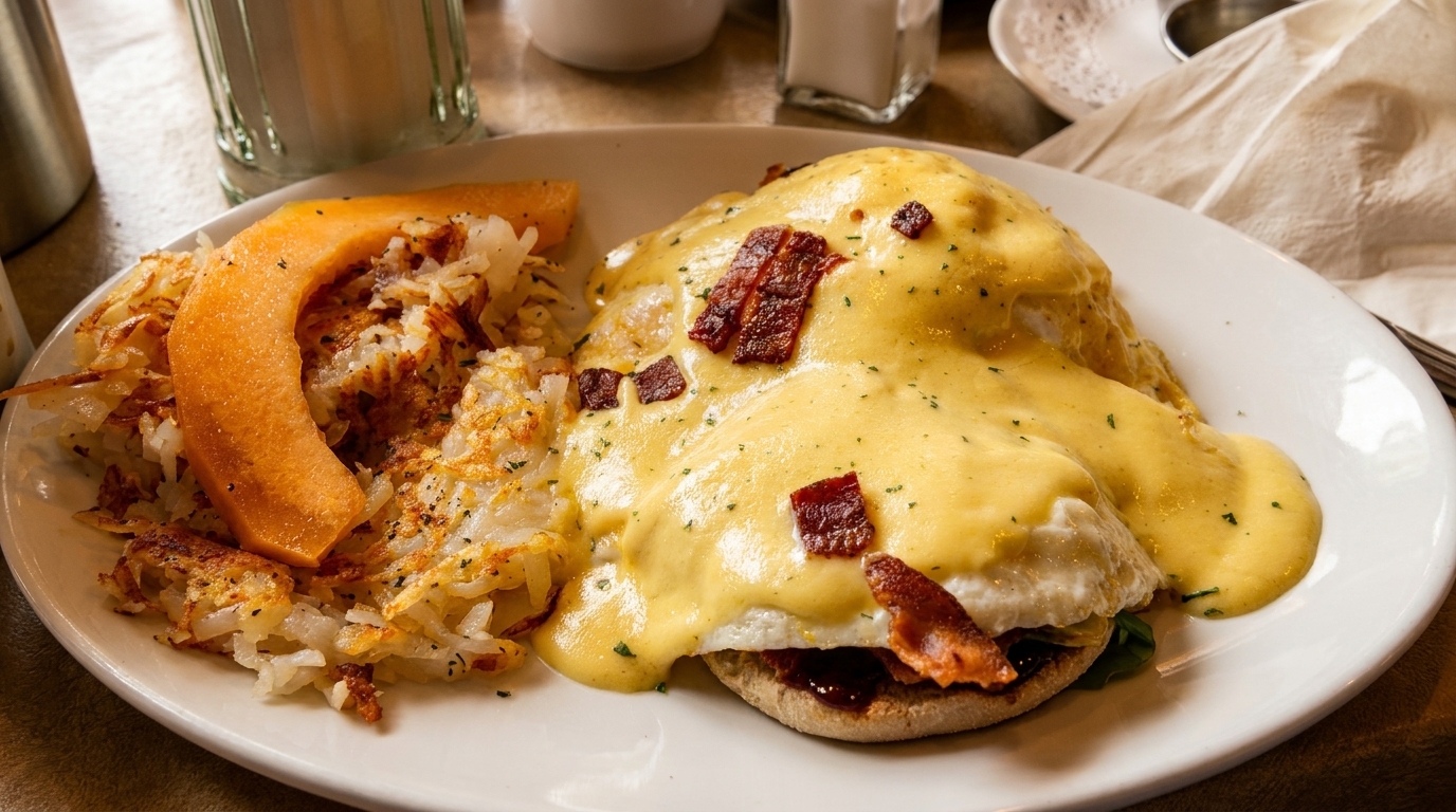 Eggs Benedict with bacon, hollandaise sauce, hash browns, and a cantaloupe slice on a white plate.