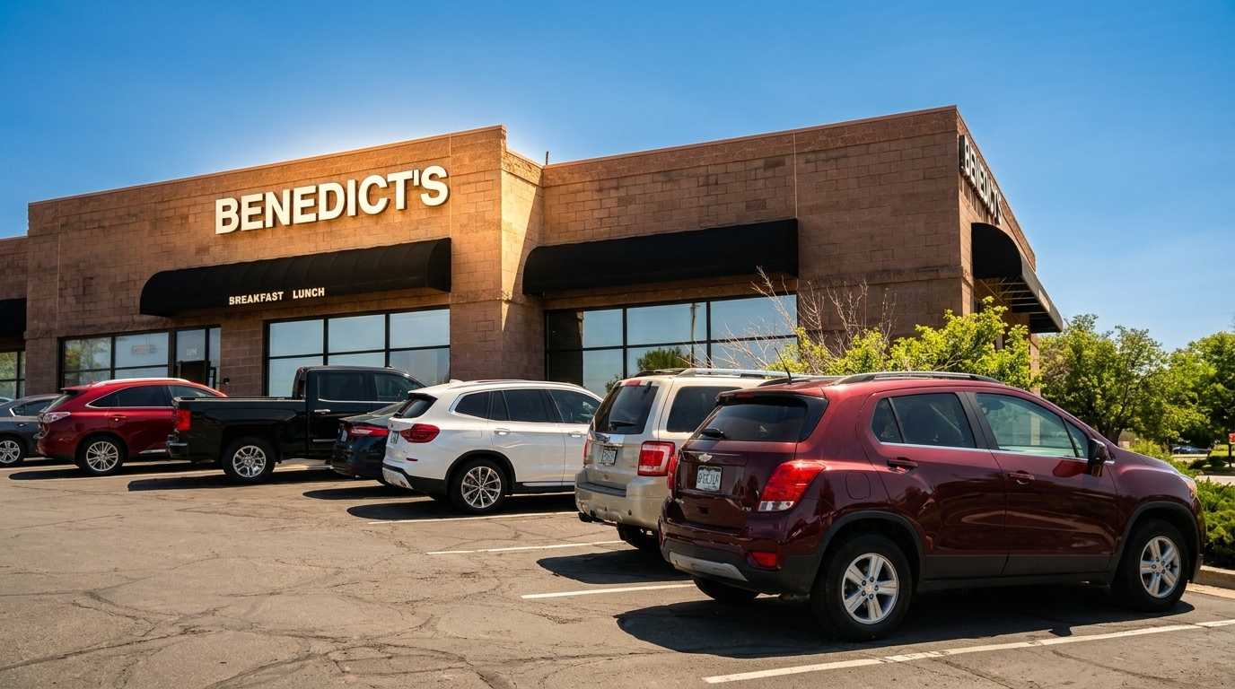 Exterior view of Benedict's restaurant, a brick building with black awnings, and a parking lot full of cars.