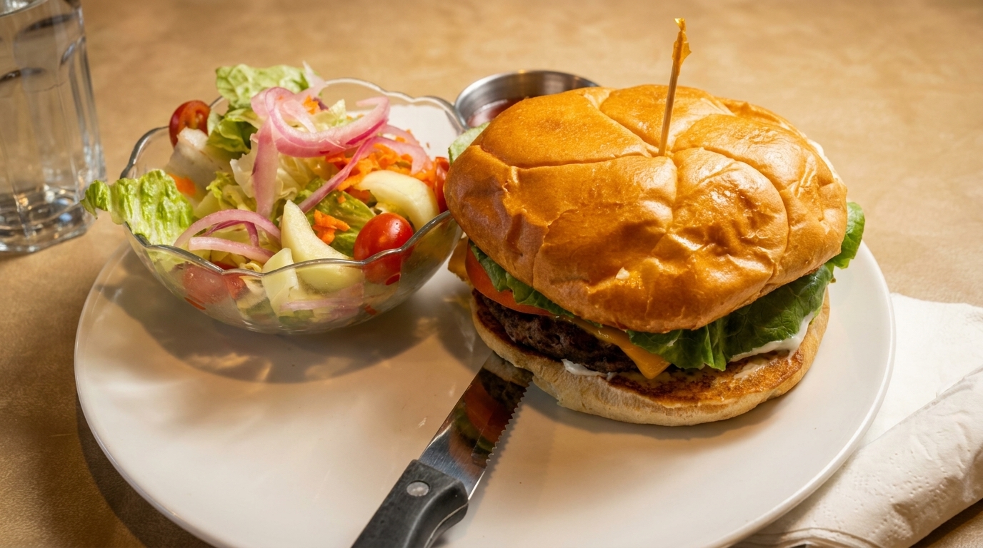 A cheeseburger with lettuce, tomato, and onion, served with a side salad and a glass of water.