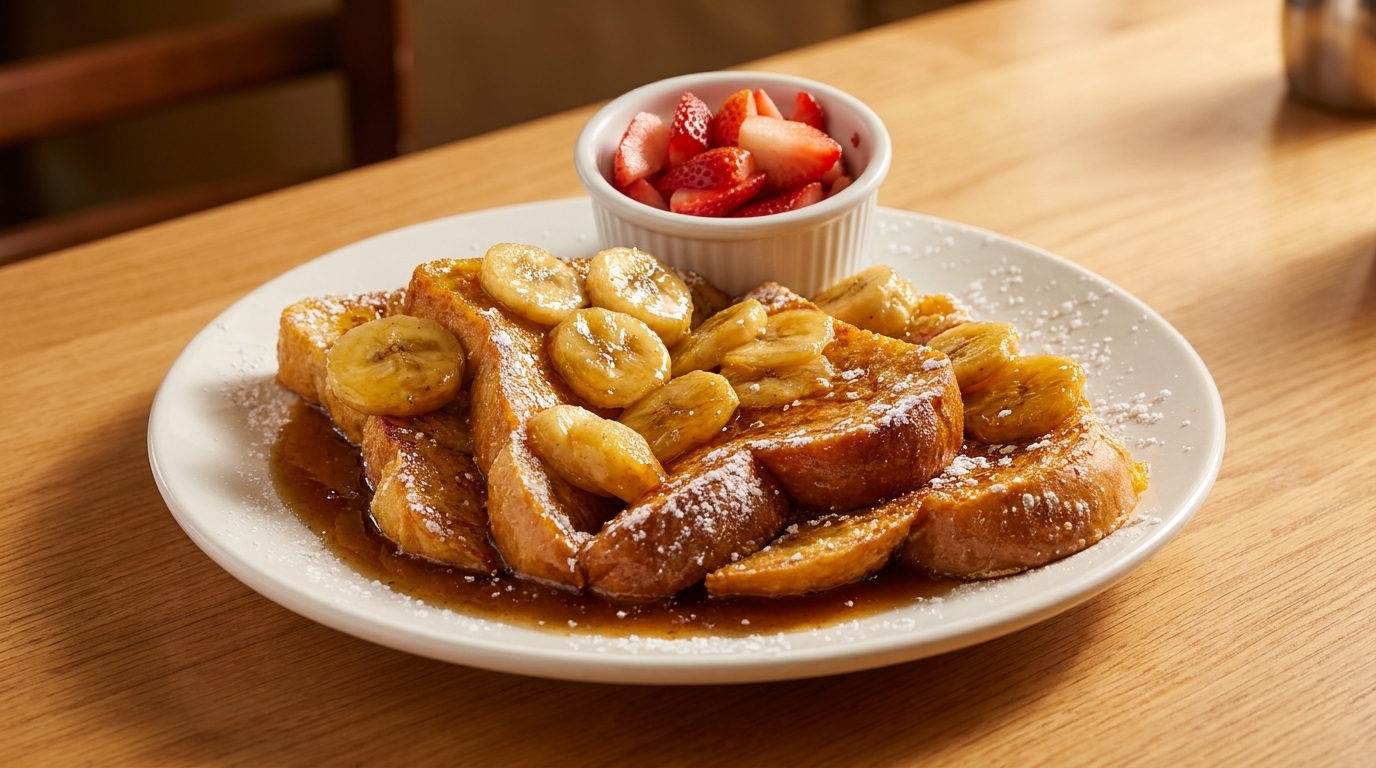 Golden french toast topped with caramelized bananas, powdered sugar, and syrup, with a side of strawberries.