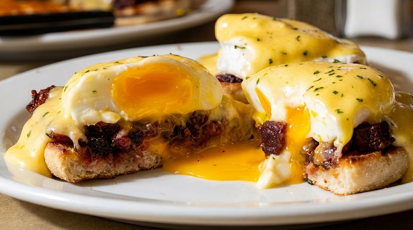 Three eggs benedict with runny yolks, bacon, and hollandaise sauce on a white plate.