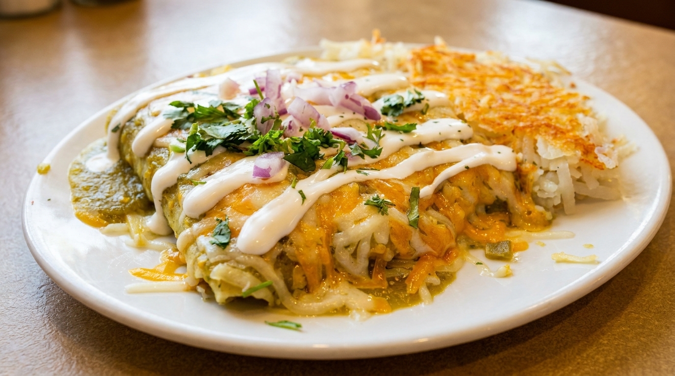 Green chile enchiladas topped with cheese, sour cream, cilantro, and red onions, served with hash browns.