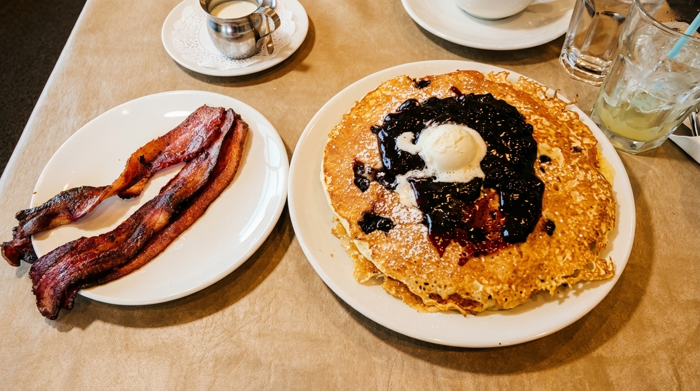 Pancakes with blueberry topping and a side of bacon on a table with drinks.