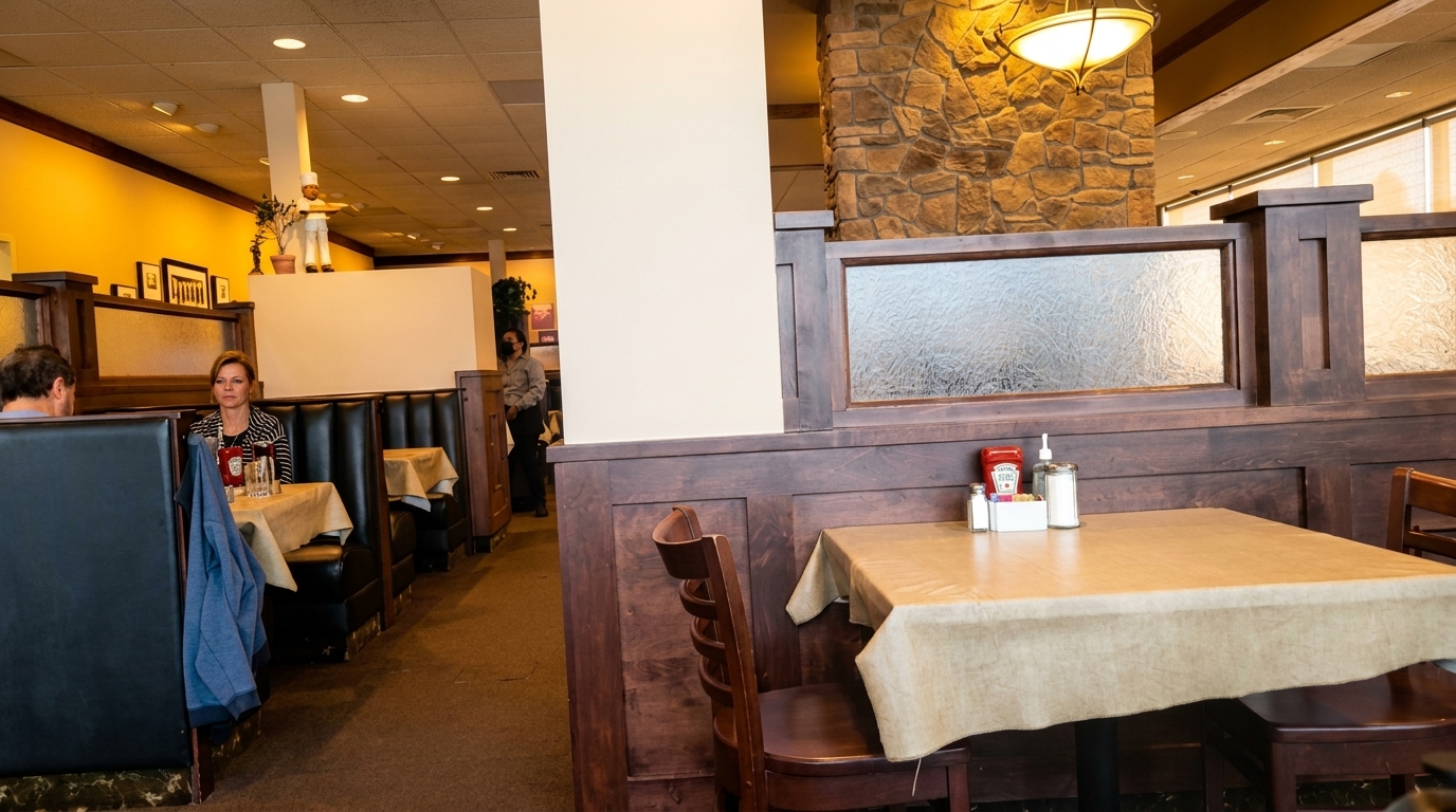 Restaurant interior with dark wood booths, tables with light tablecloths, and a stone wall feature.