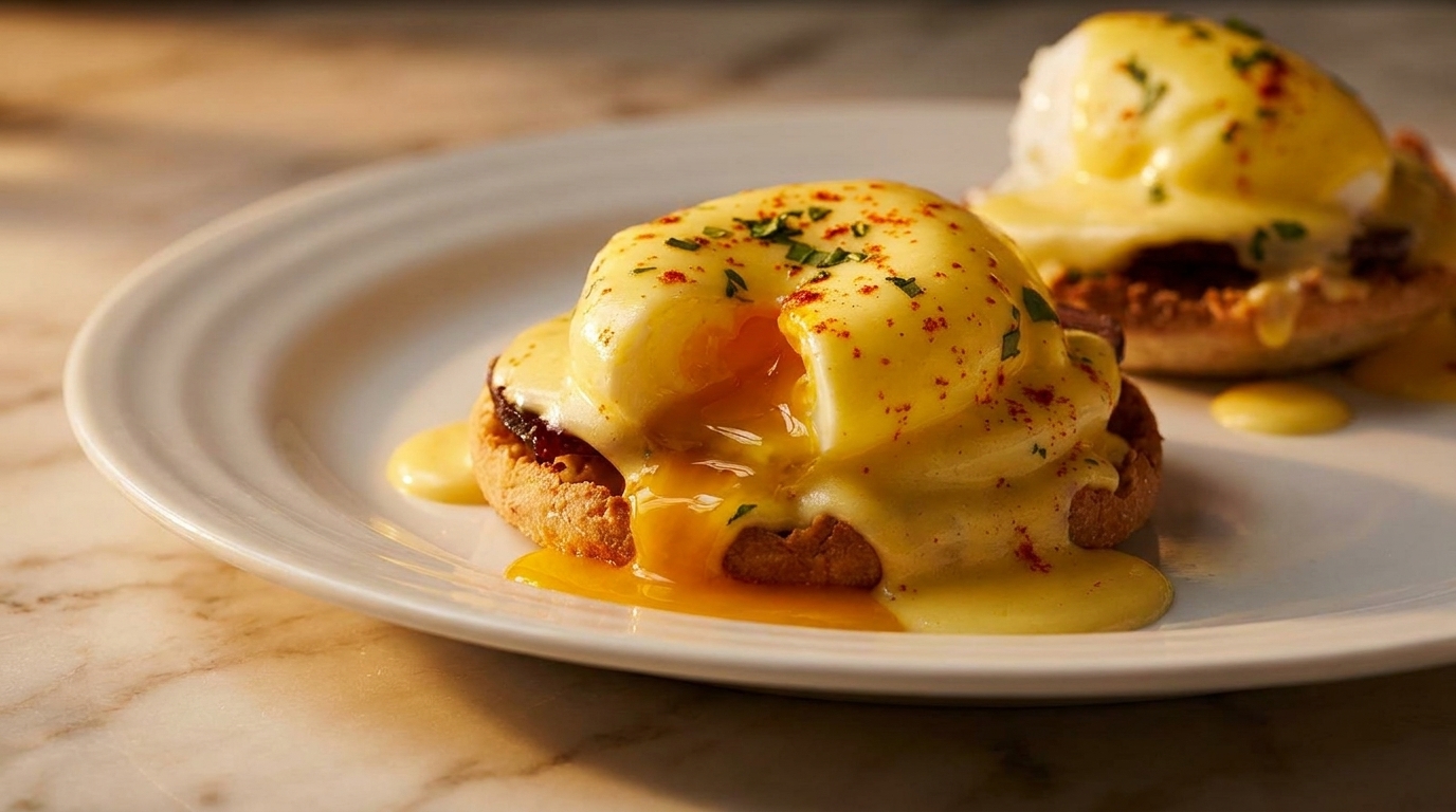 Two Eggs Benedict on a white plate, with a runny yolk spilling from the front one.