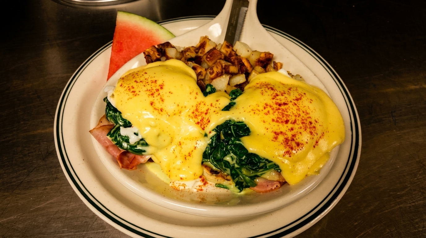 Eggs Benedict with ham, spinach, hollandaise sauce, home fries, and a watermelon slice.