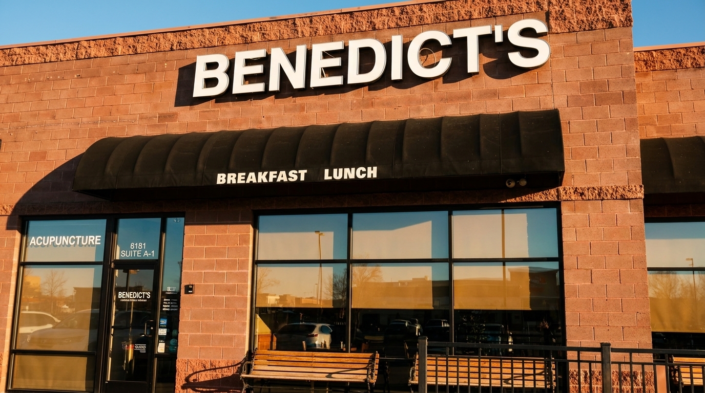 Exterior of Benedict's restaurant with a black awning, brick facade, and large windows.