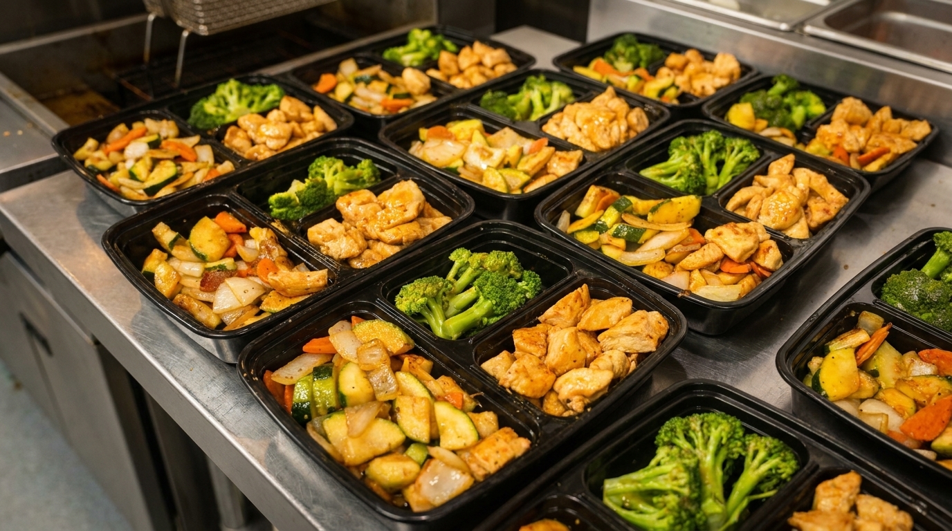 Numerous black meal prep containers filled with cooked chicken, broccoli, and mixed vegetables.