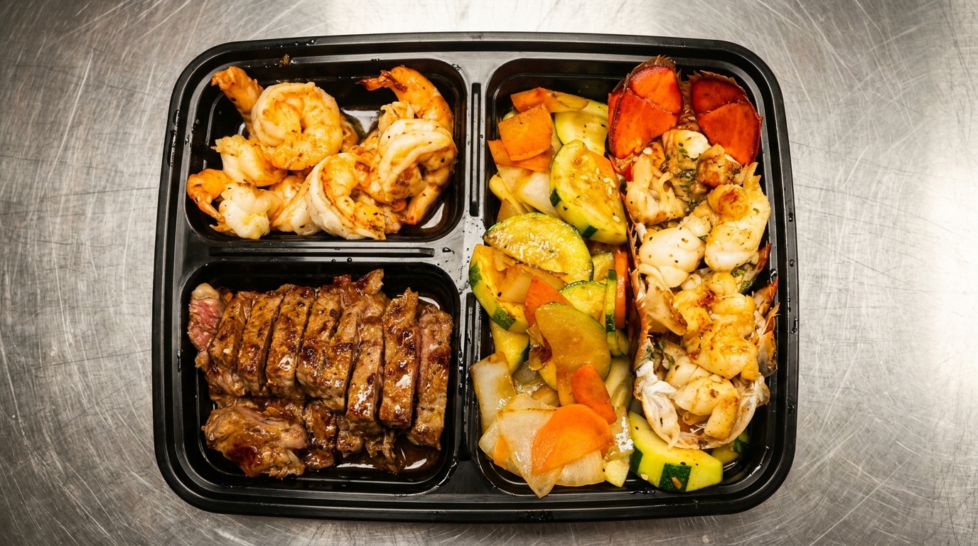 A bento box with grilled shrimp, sliced steak, mixed vegetables, and lobster tail.