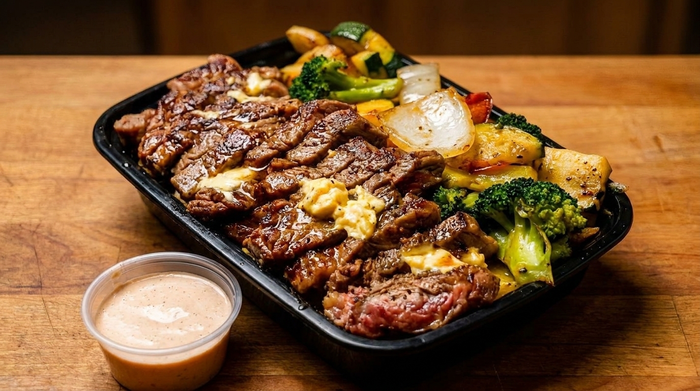 Sliced steak with melted butter, roasted broccoli, zucchini, and onions, with a side of sauce.