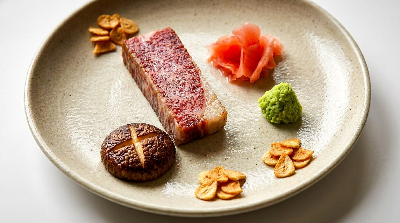 Wagyu beef steak with shiitake mushroom, pickled ginger, wasabi, and garlic chips on a plate.