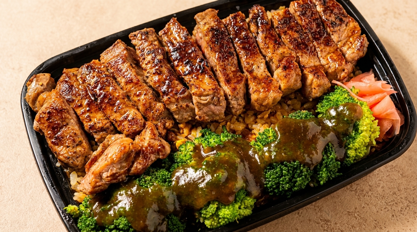 Grilled steak slices, broccoli with sauce, rice, and pickled ginger in a black takeout container.