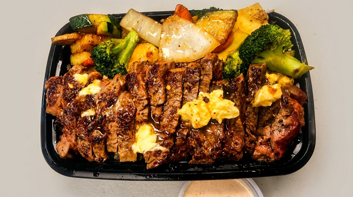 Grilled steak slices with melted butter, broccoli, zucchini, onions, and potatoes in a black container.