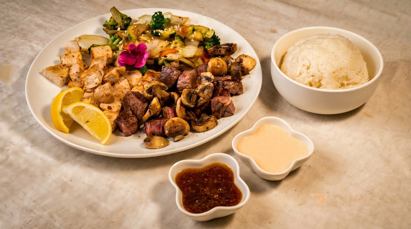 Hibachi chicken and steak with mushrooms, vegetables, rice, and two sauces on a marble surface.