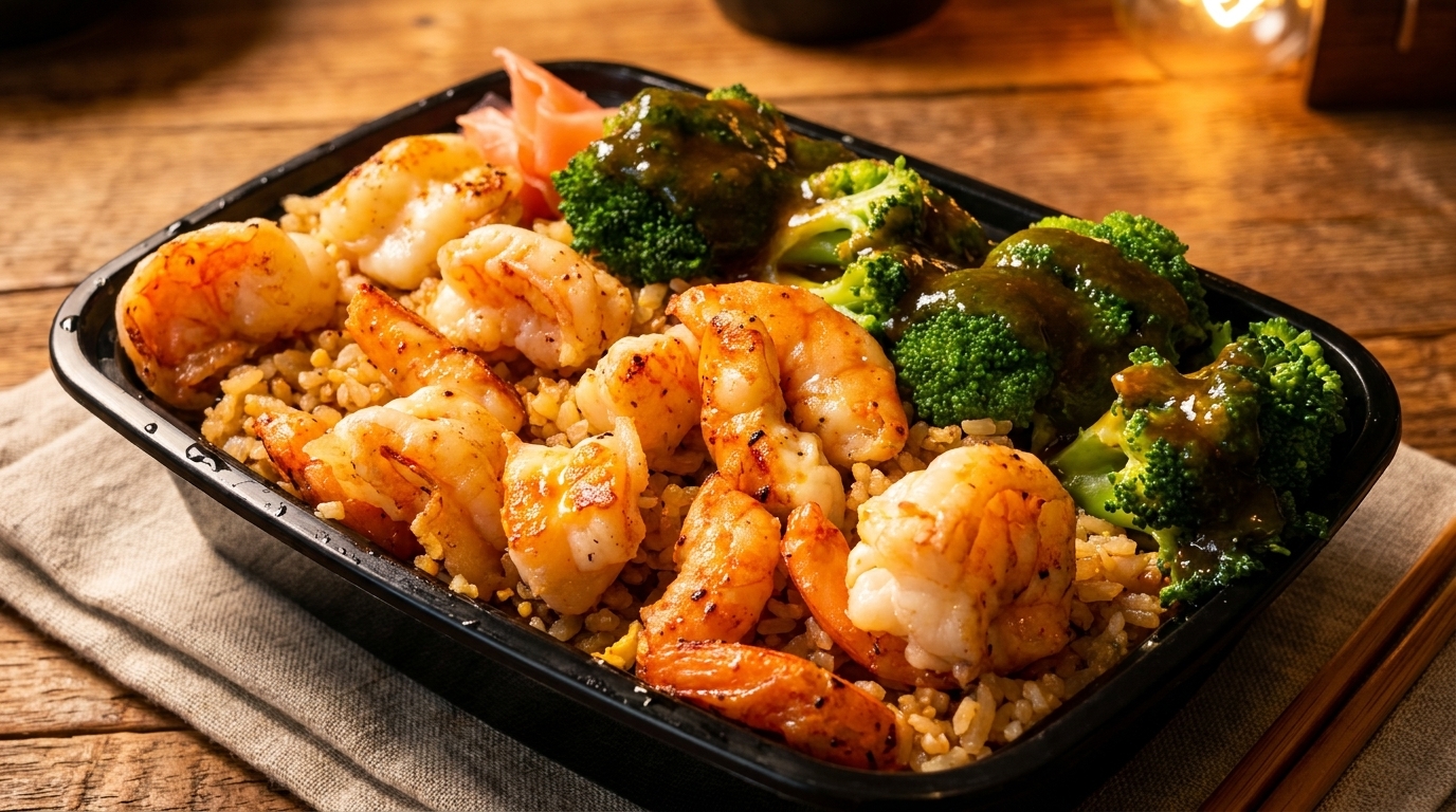 Shrimp and broccoli with sauce over rice in a black takeout container on a wooden table.