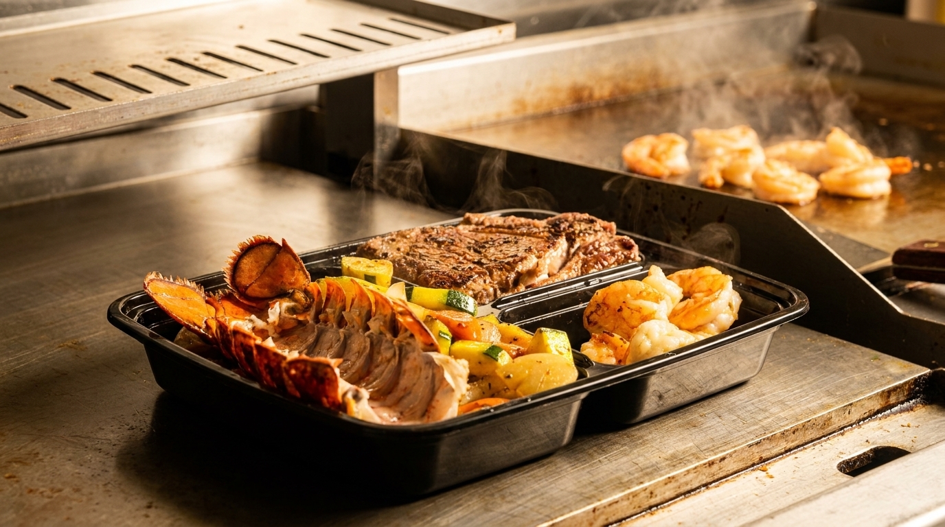 Steaming lobster tail, steak, shrimp, and vegetables in a to-go container on a grill.