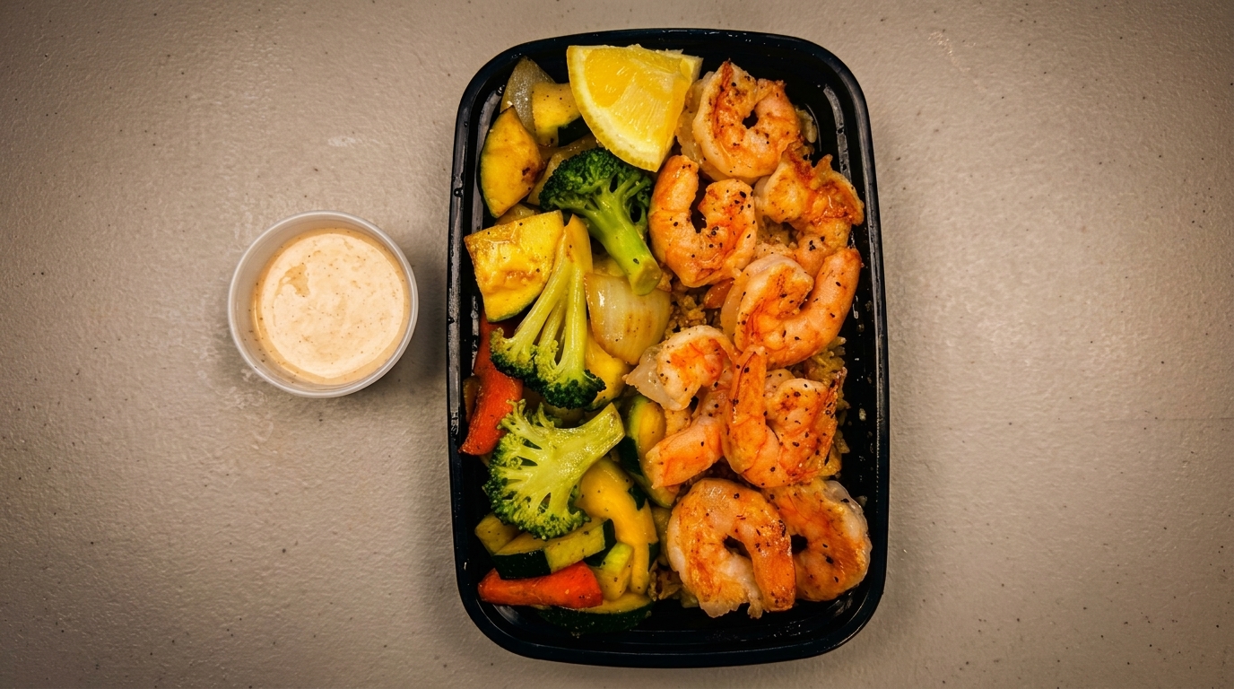 Shrimp and mixed vegetables with a lemon wedge in a black to-go container, with a side of sauce.