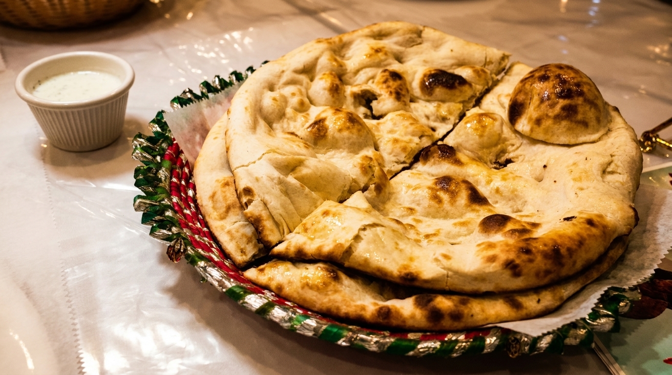 Golden-brown naan bread in a decorative basket next to a small cup of white dipping sauce.