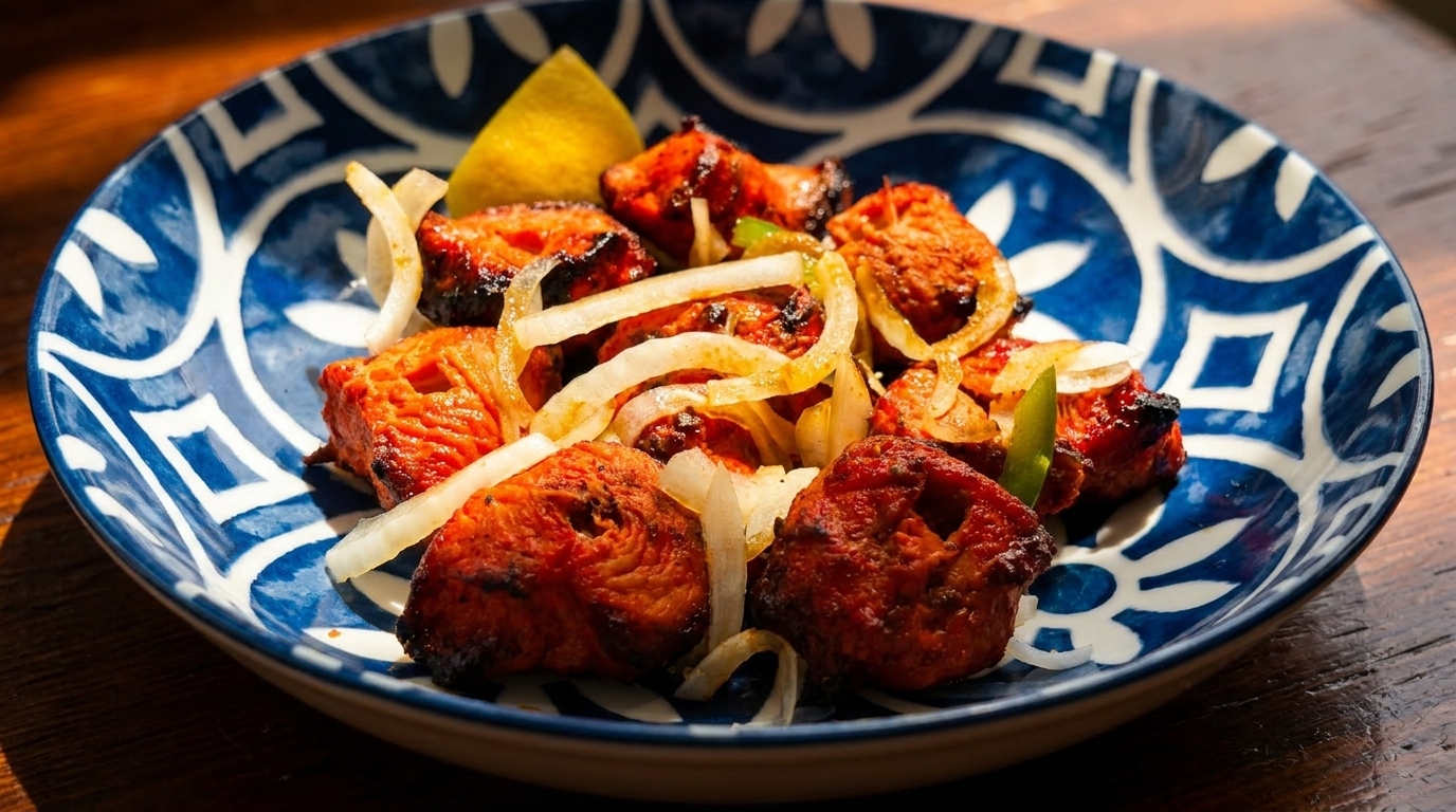 Spicy red chicken tikka pieces with sliced onions and a lemon wedge on a blue and white plate.