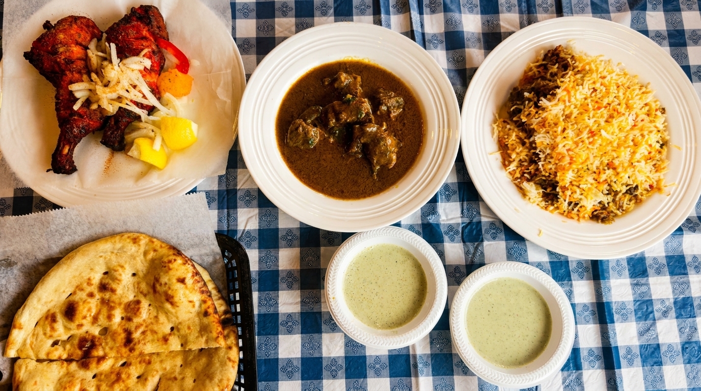 Overhead view of a feast with tandoori chicken, curry, biryani, naan, and green sauces on a blue checkered tablecloth.