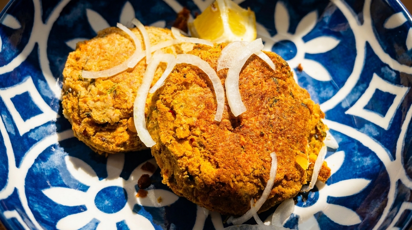 Two golden-brown falafel patties topped with sliced onions and a lemon wedge on a blue and white plate.