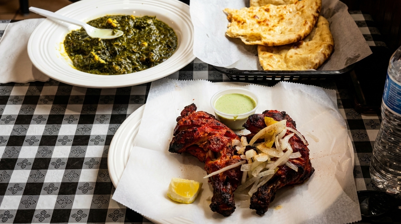 Indian meal with tandoori chicken, saag paneer, naan bread, and green chutney on a checkered tablecloth.