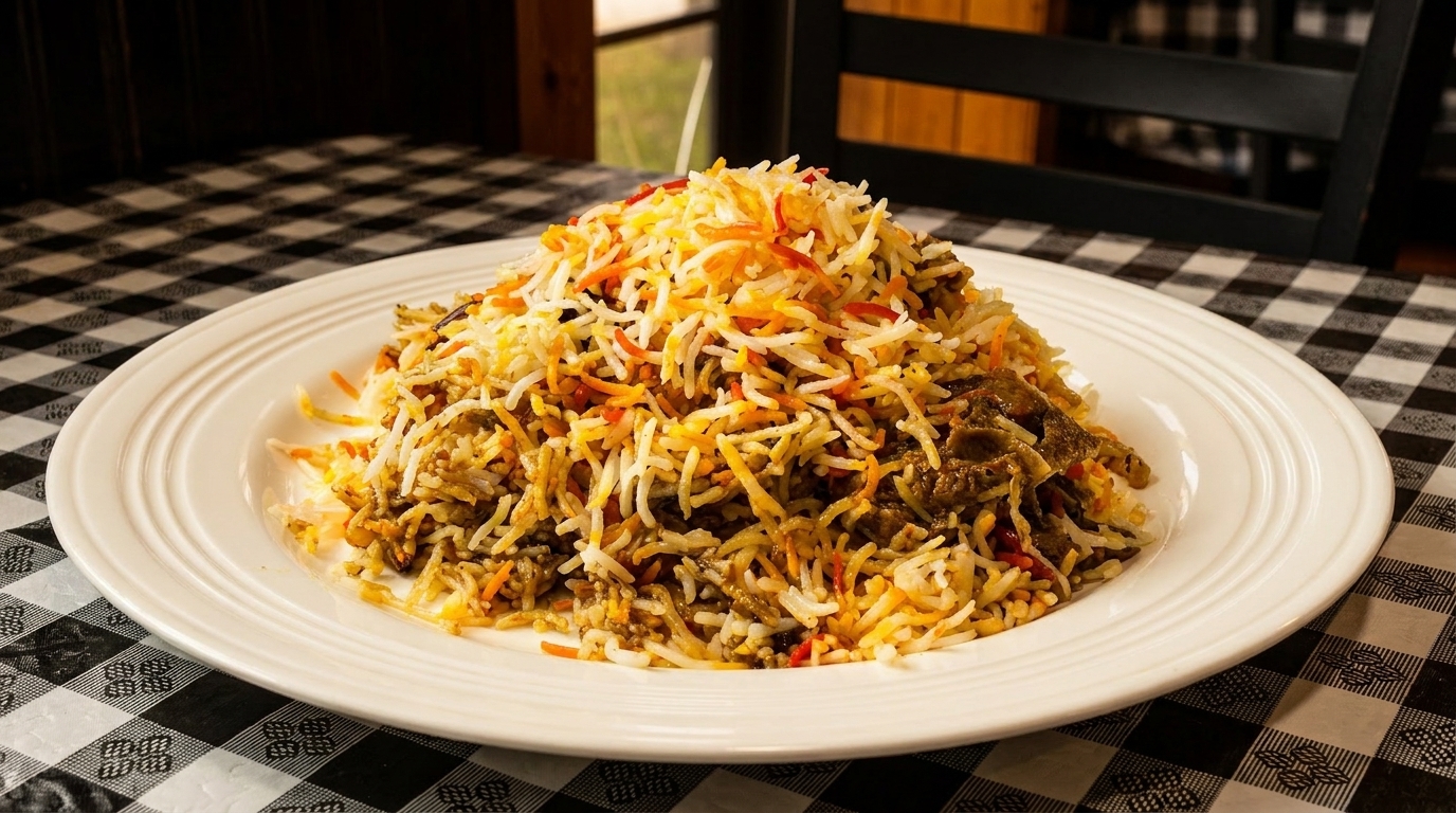 A large serving of biryani with rice and meat on a white plate, on a black and white checkered tablecloth.