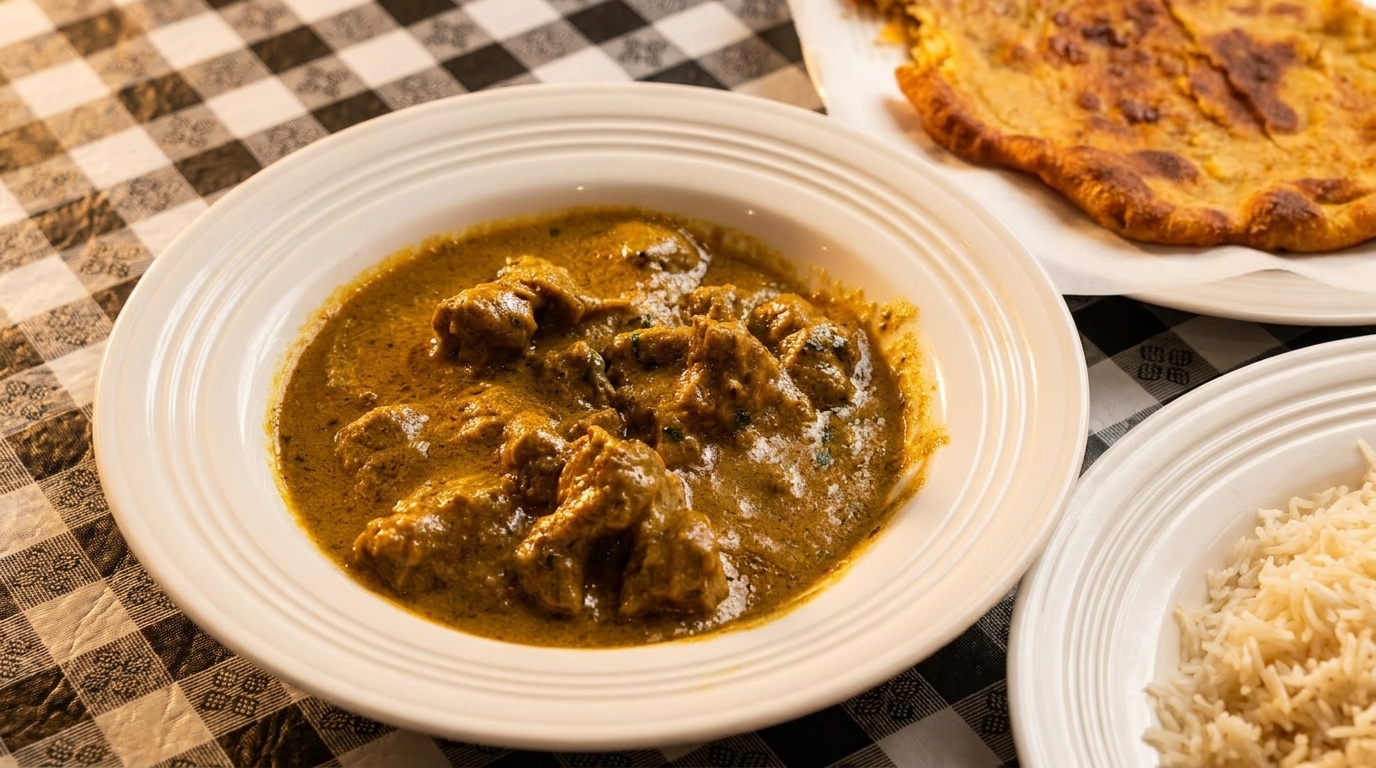 A white bowl of chicken curry with rice and naan bread on a black and white checkered tablecloth.