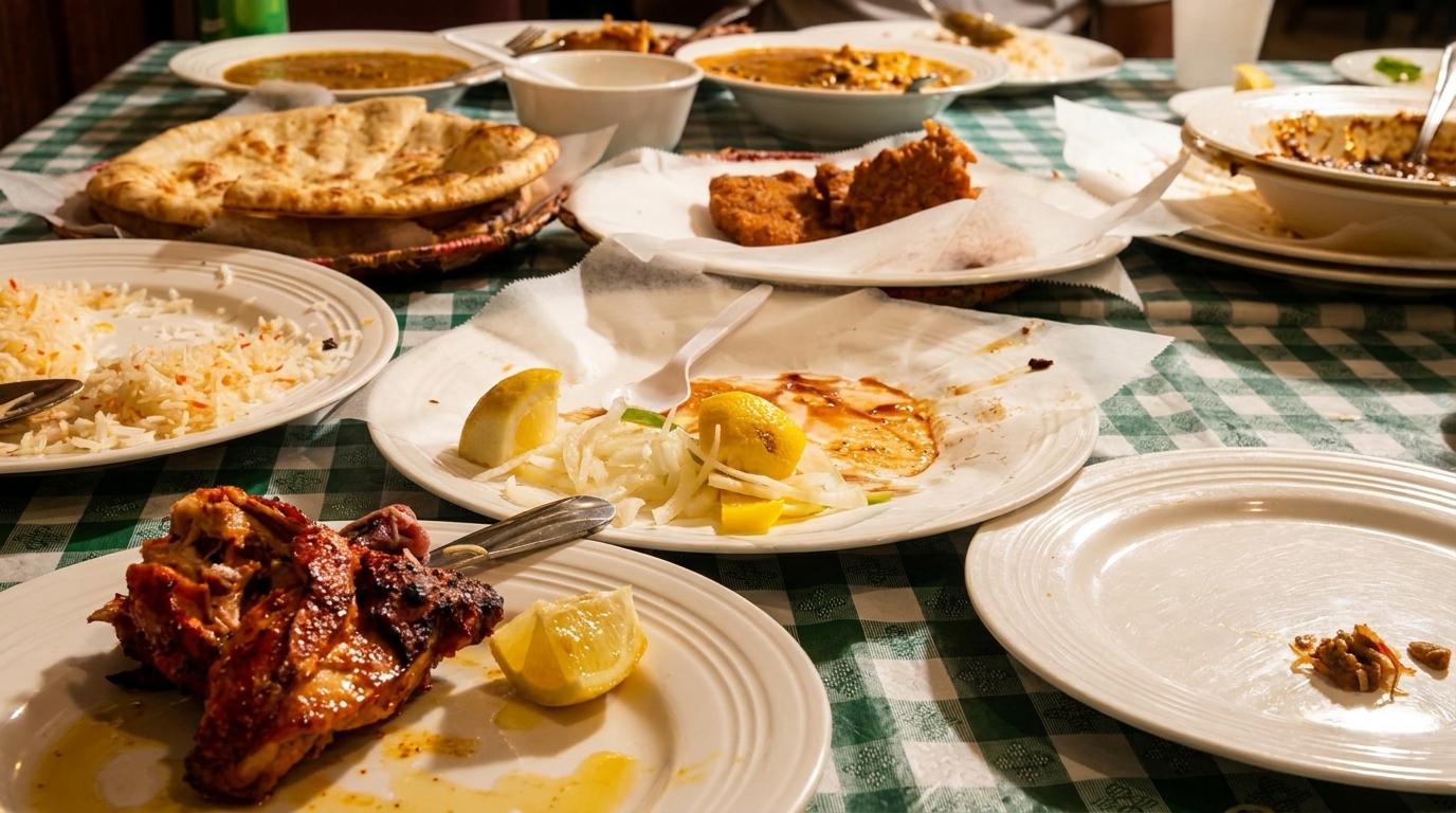 Table covered with a green and white checkered tablecloth, laden with partially eaten Indian dishes.