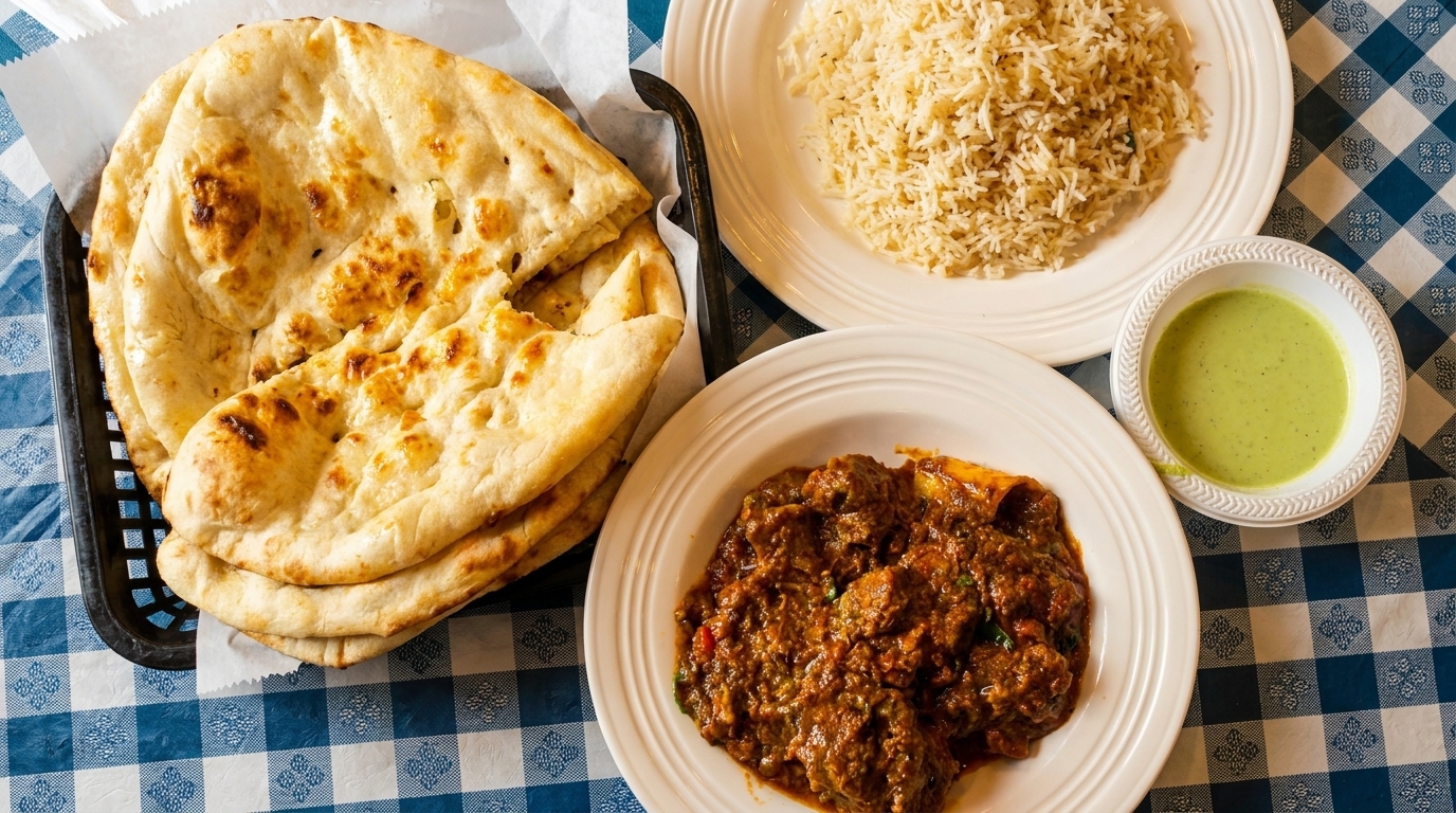 Naan bread, rice, lamb curry, and green chutney on a blue and white checkered tablecloth.