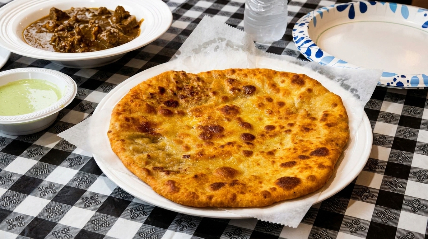 Golden brown paratha on a white plate with curry and green sauce on a checkered tablecloth.